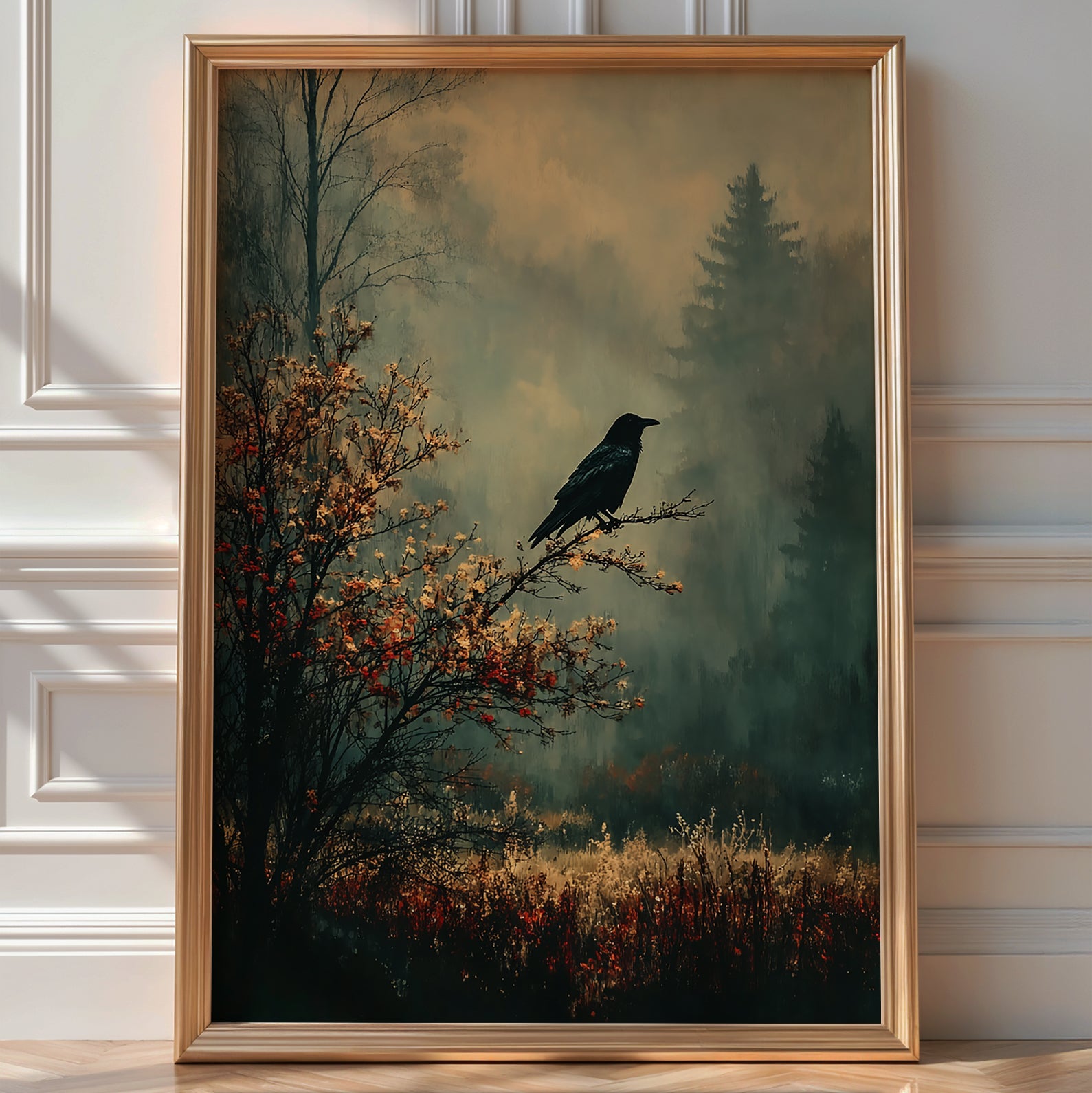 Raven in the Mist Print – Witchy Autumn Wall Art with Moody Forest Vibes - Just Great Posters