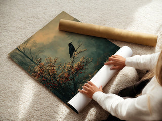Raven in the Mist Print – Witchy Autumn Wall Art with Moody Forest Vibes - Just Great Posters