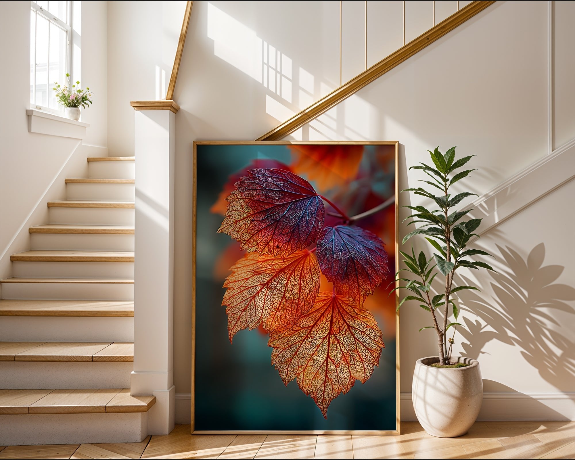 Backlit Autumn Leaves Macro Print – Glowing Fall Wall Art in Fiery Reds & Oranges - Just Great Posters