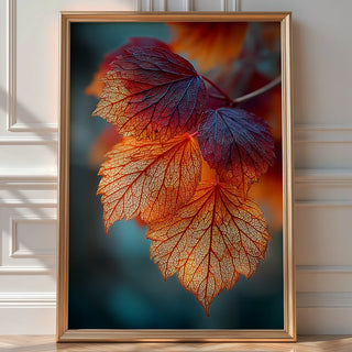 Backlit Autumn Leaves Macro Print – Glowing Fall Wall Art in Fiery Reds & Oranges - Just Great Posters