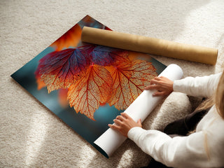 Backlit Autumn Leaves Macro Print – Glowing Fall Wall Art in Fiery Reds & Oranges - Just Great Posters
