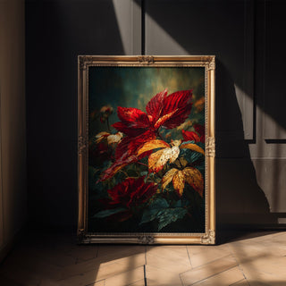 Autumn Leaves Print – Moody Red & Gold Botanical Wall Art - Just Great Posters