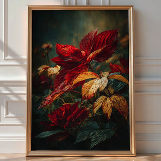 Autumn Leaves Print – Moody Red & Gold Botanical Wall Art - Just Great Posters