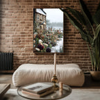 Snowy Garden Cottage poster mockup shown on a gallery wall