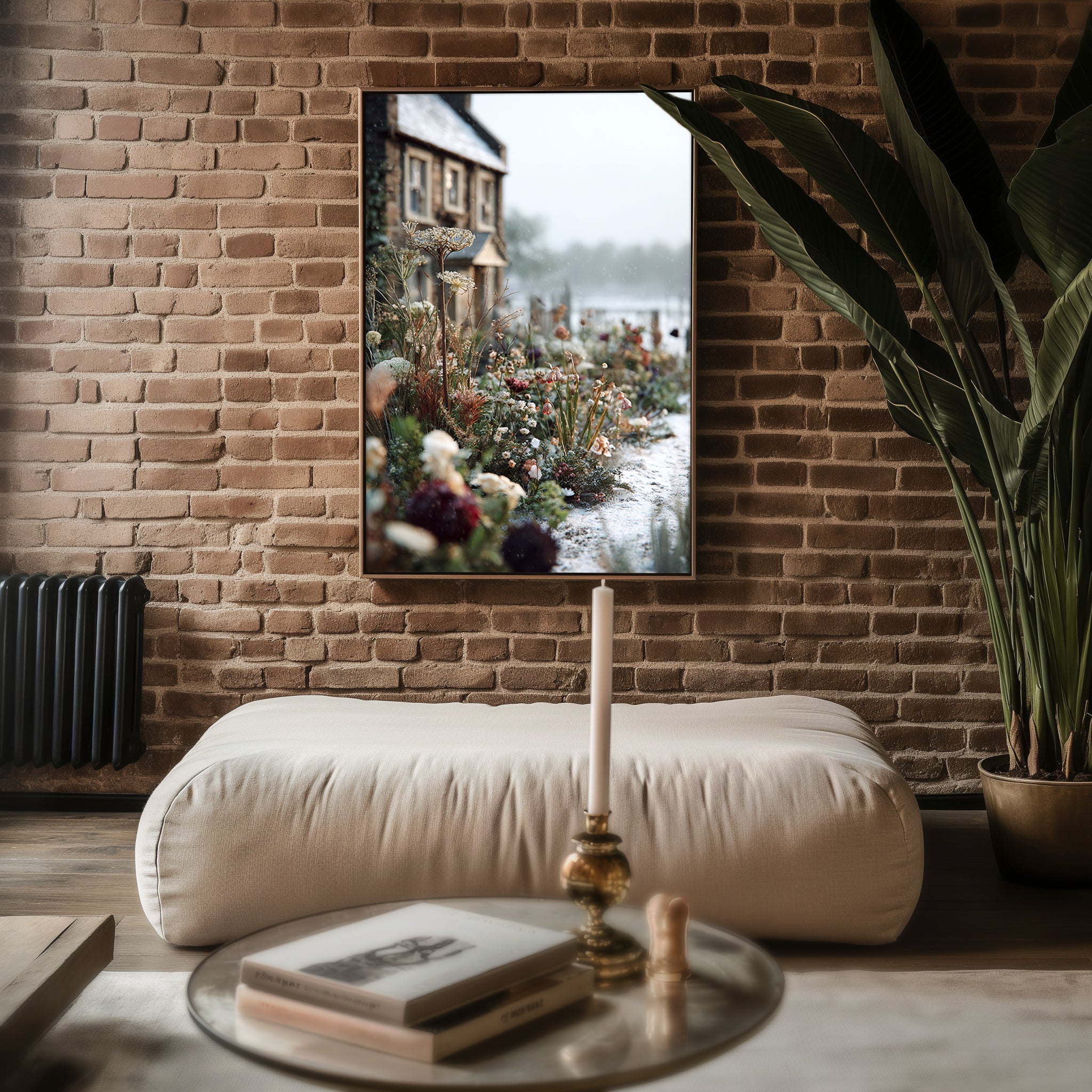 Snowy Garden Cottage poster mockup shown on a gallery wall