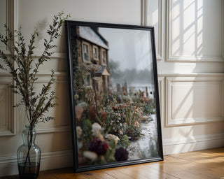 Snowy Garden Cottage Poster – Winter Botanical Wall Art with Wildflowers & Stone House - Just Great Posters