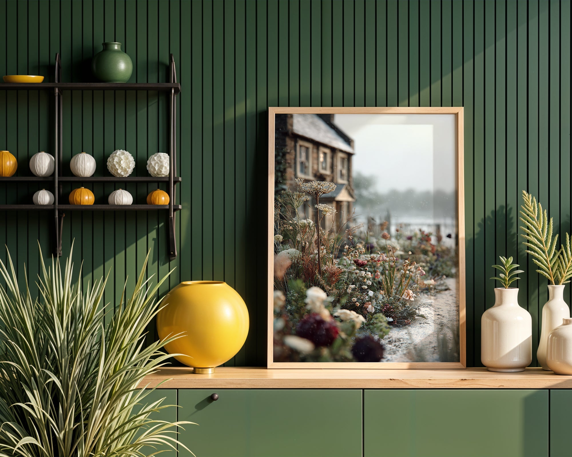 Snowy Garden Cottage poster displayed in a cosy interior setting