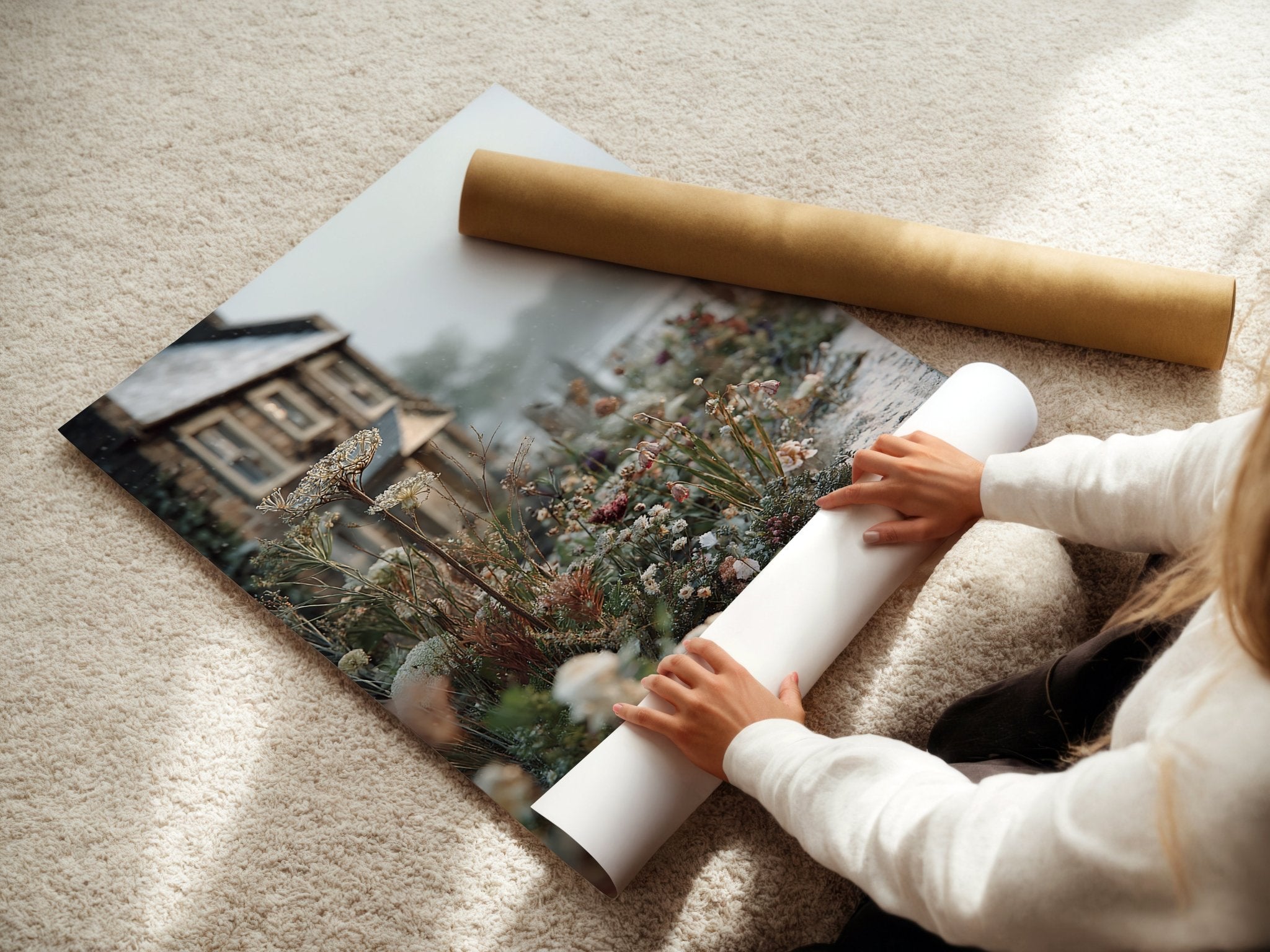 Snowy Garden Cottage poster displayed in a styled room setting