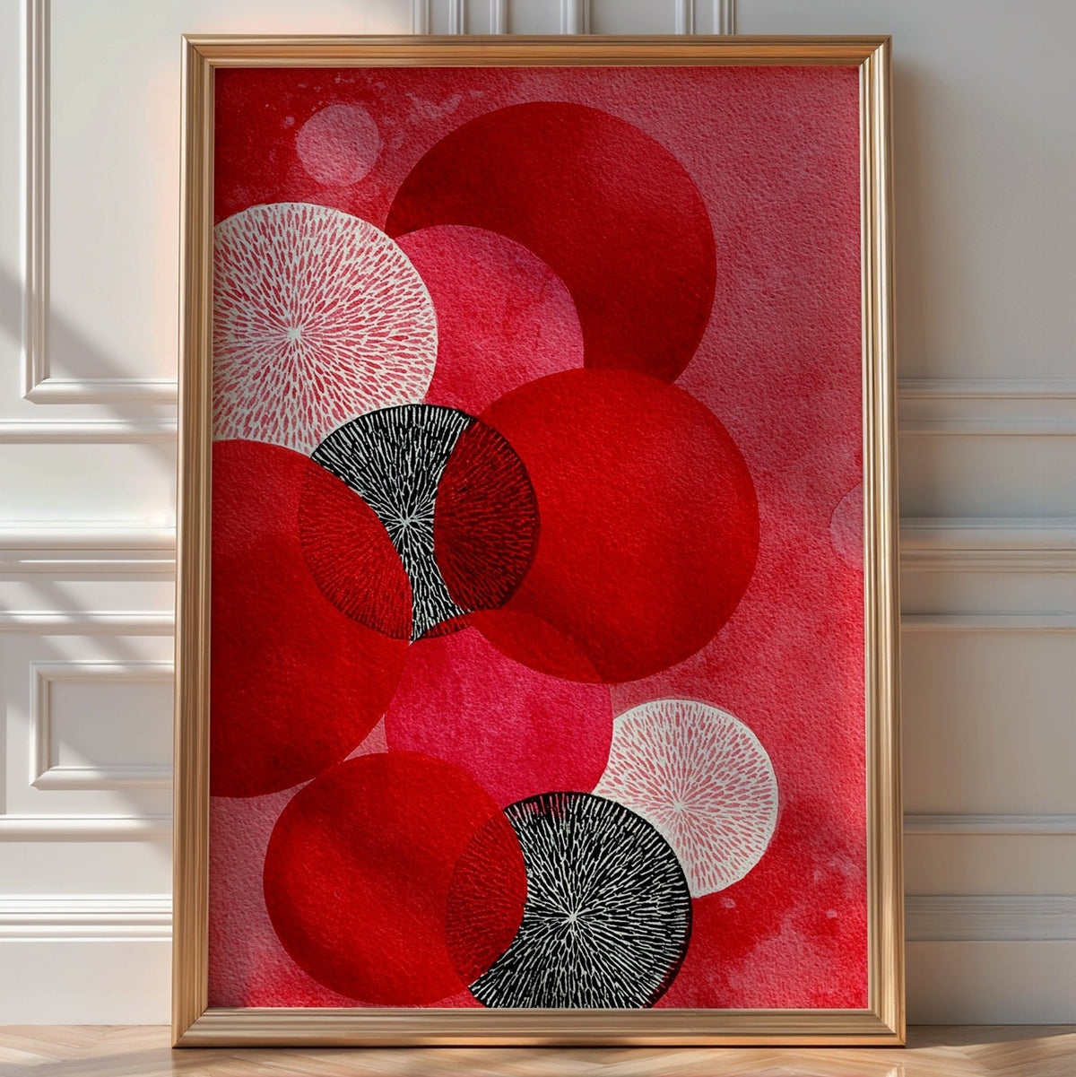 Crimson & Ivory Circles Abstract – Bold Red Watercolor Geometric Poster - Just Great Posters