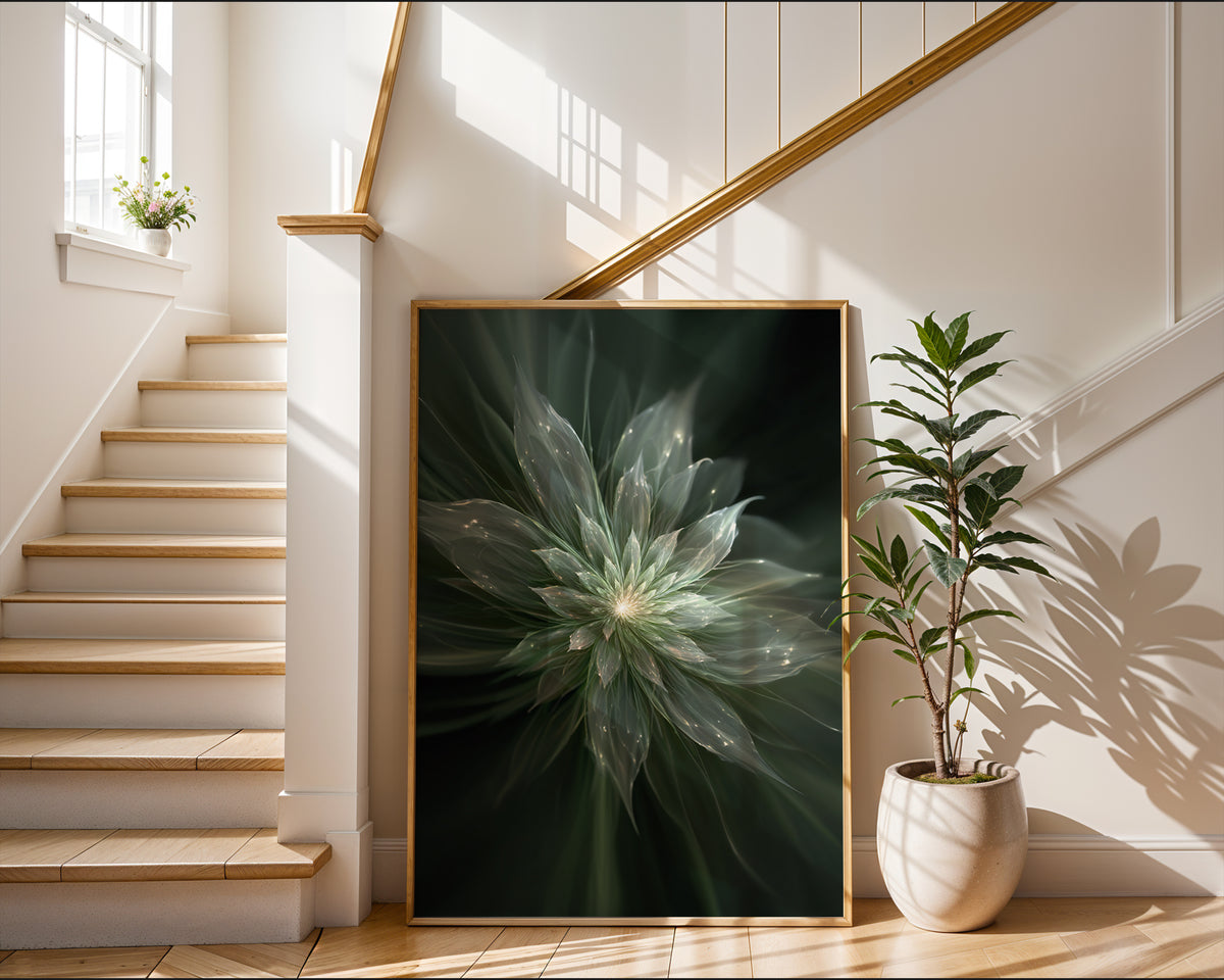 Ethereal Green Bloom poster mockup shown on a gallery wall