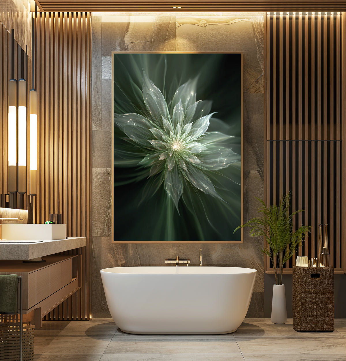 Ethereal Green Bloom poster displayed in a cosy interior setting