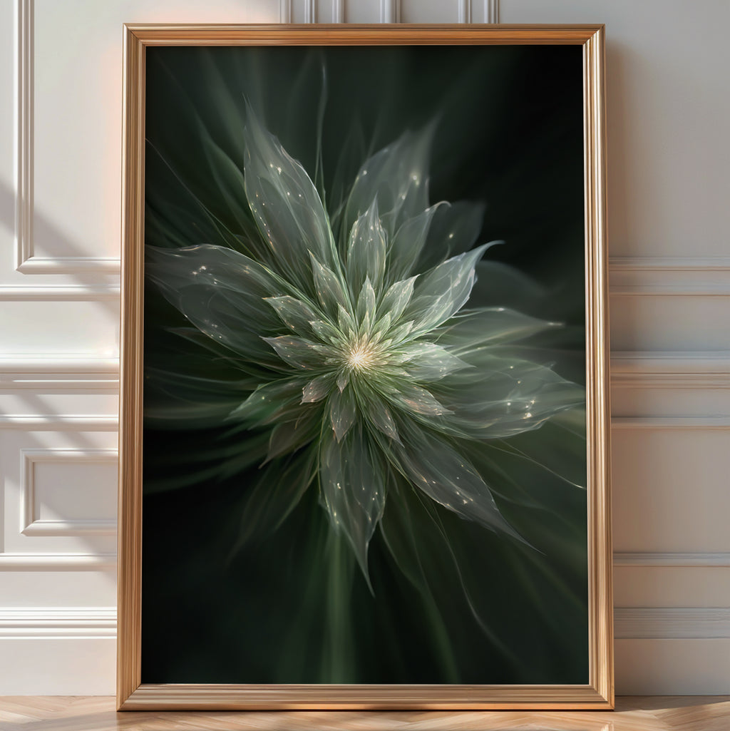 Dreamy abstract fractal floral print in soft sage green tones