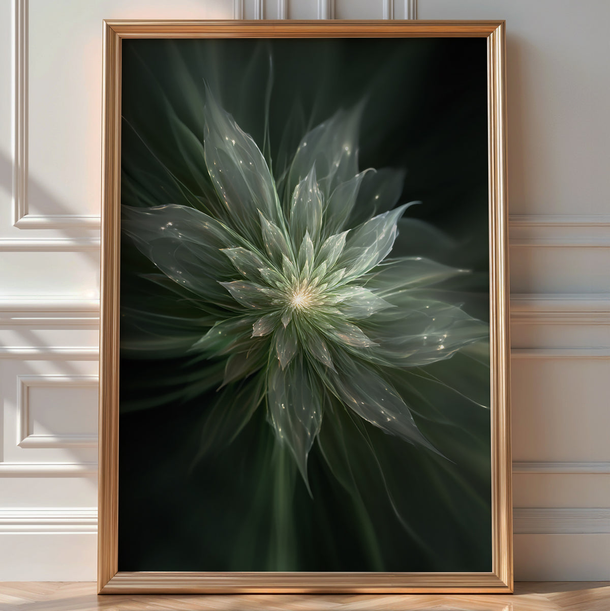 Dreamy abstract fractal floral print in soft sage green tones