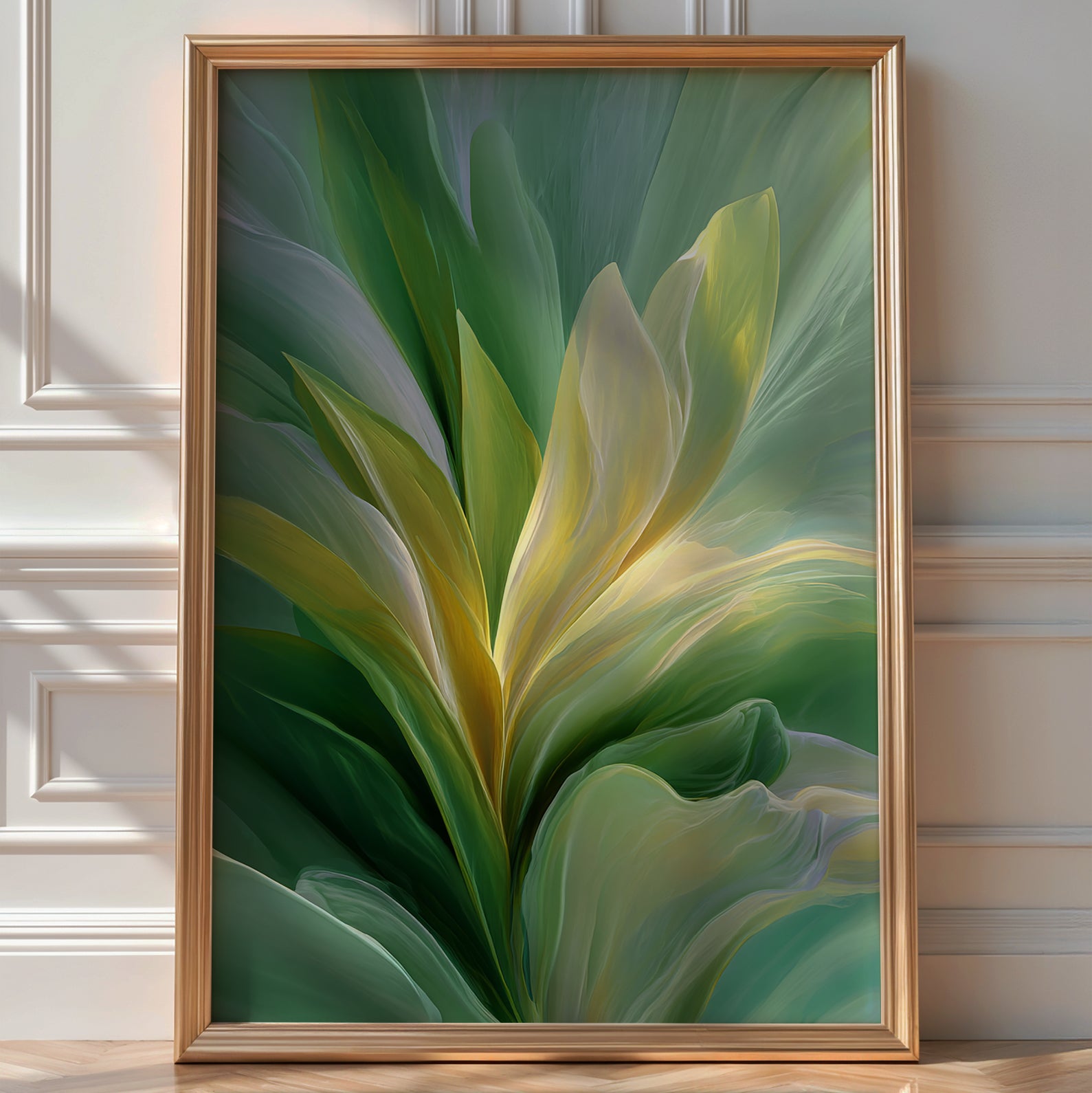 Abstract botanical print in sage green and gold tones with soft organic forms