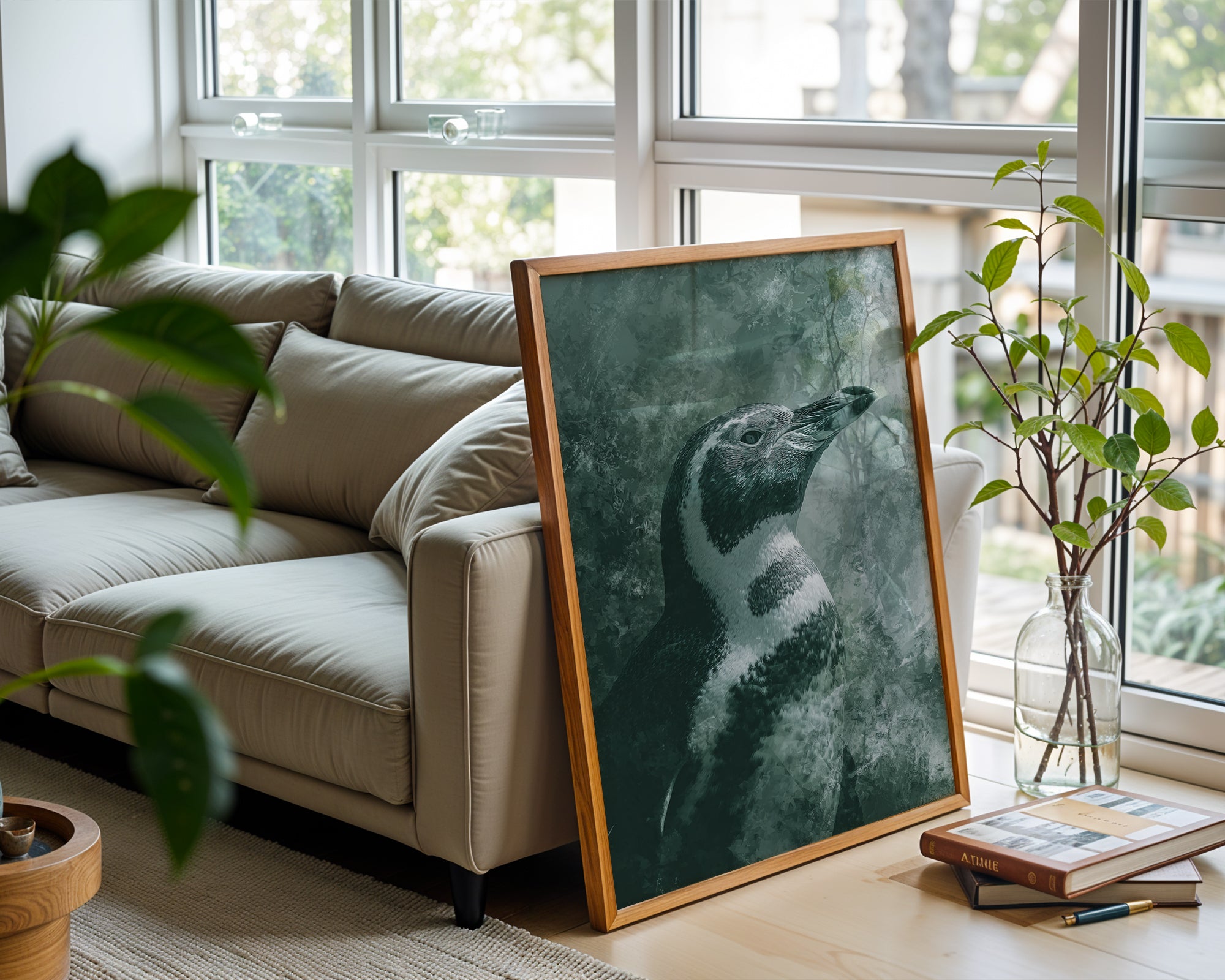 Penguin Portrait poster displayed in a cosy interior setting