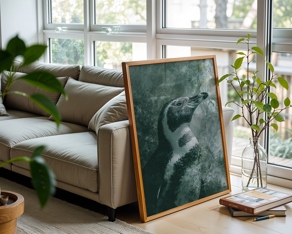 Penguin Portrait poster displayed in a cosy interior setting