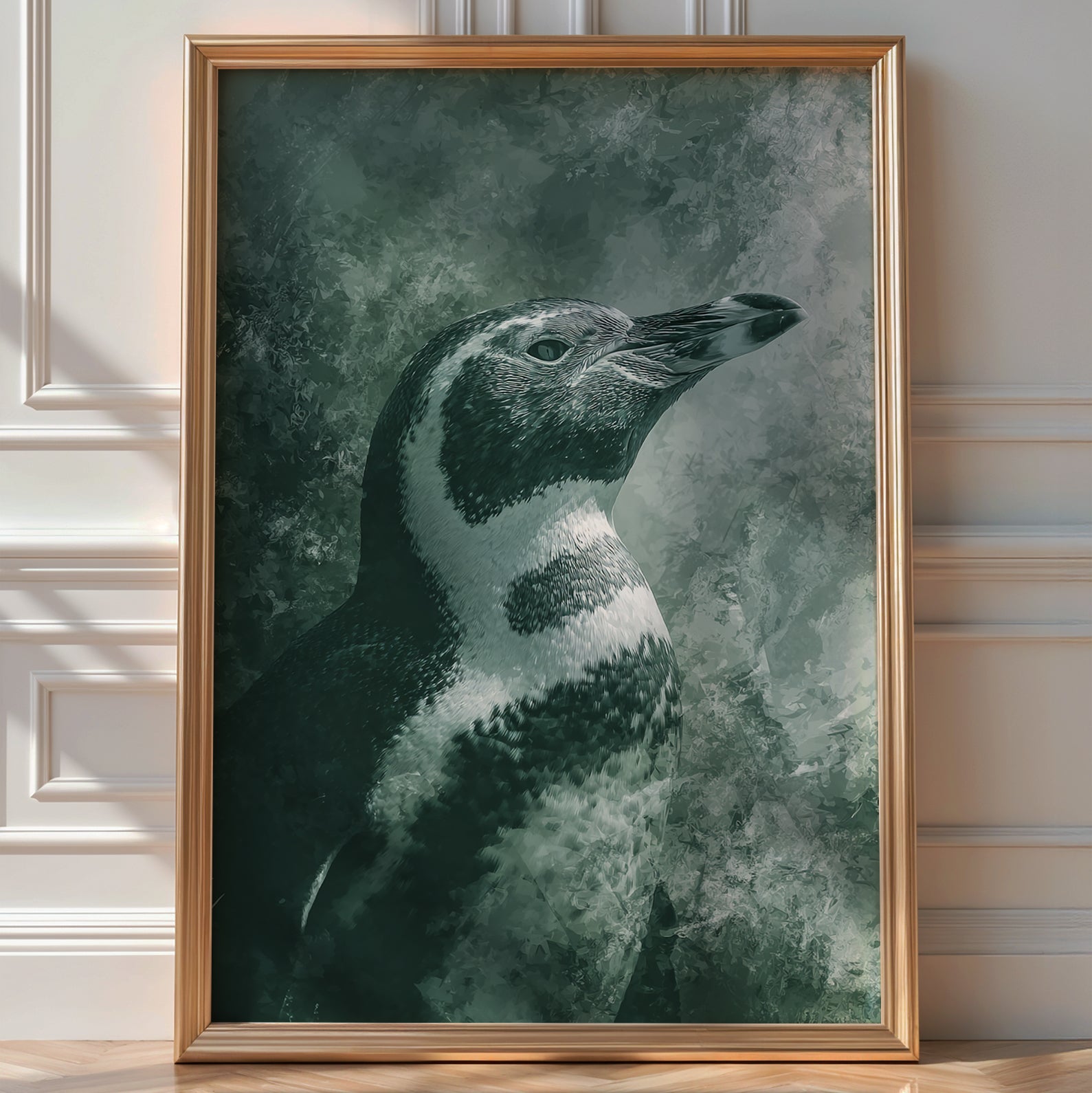 Monochrome sage-green painterly portrait of a penguin's head and shoulders