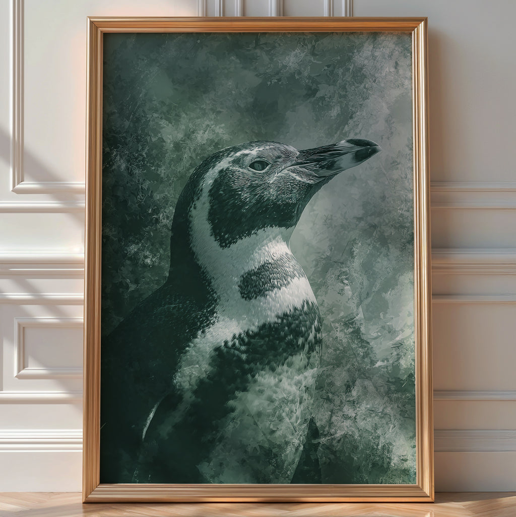 Monochrome sage-green painterly portrait of a penguin's head and shoulders