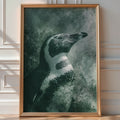 Monochrome sage-green painterly portrait of a penguin's head and shoulders