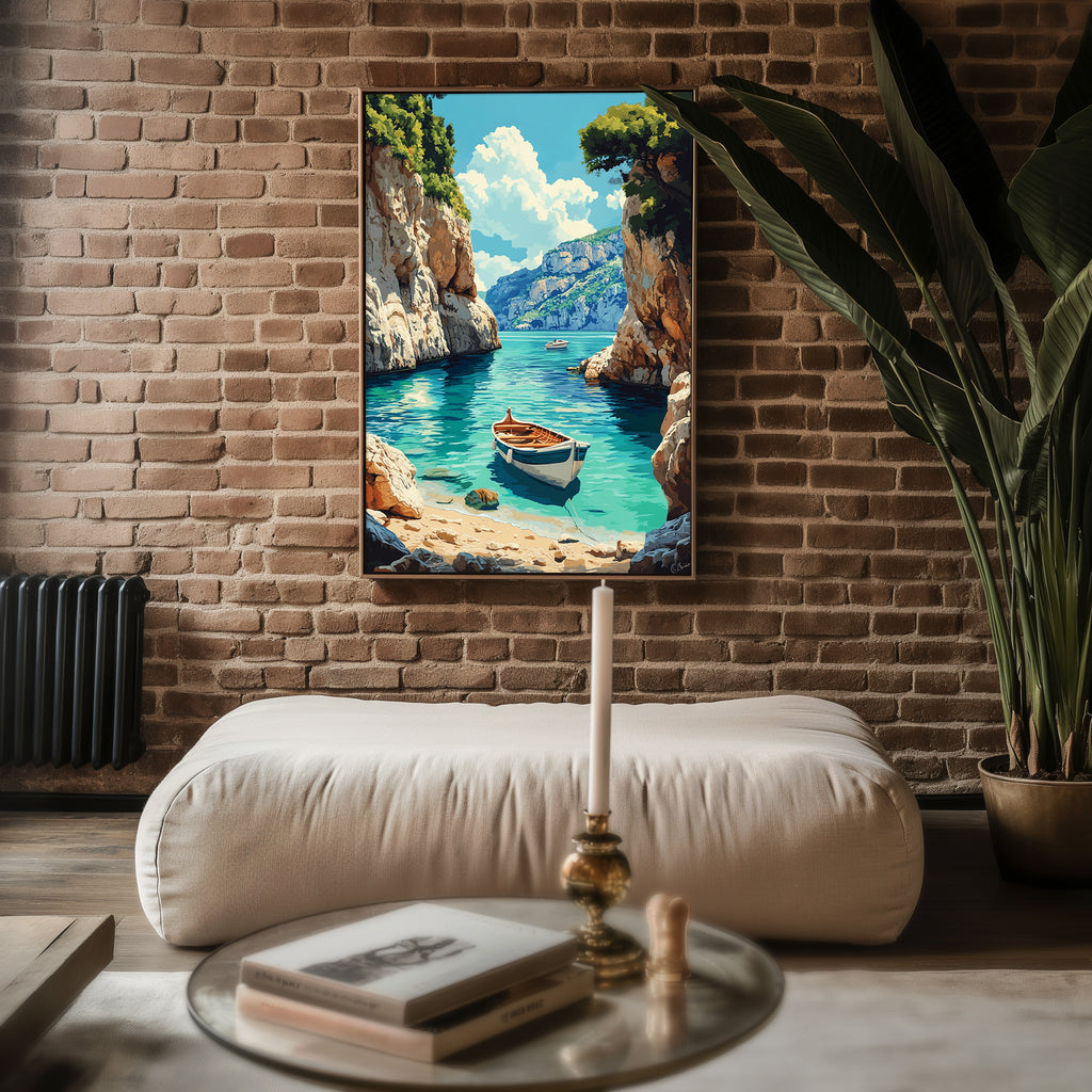 Mediterranean Cove with Boats – Coastal Escape Print - Just Great Posters