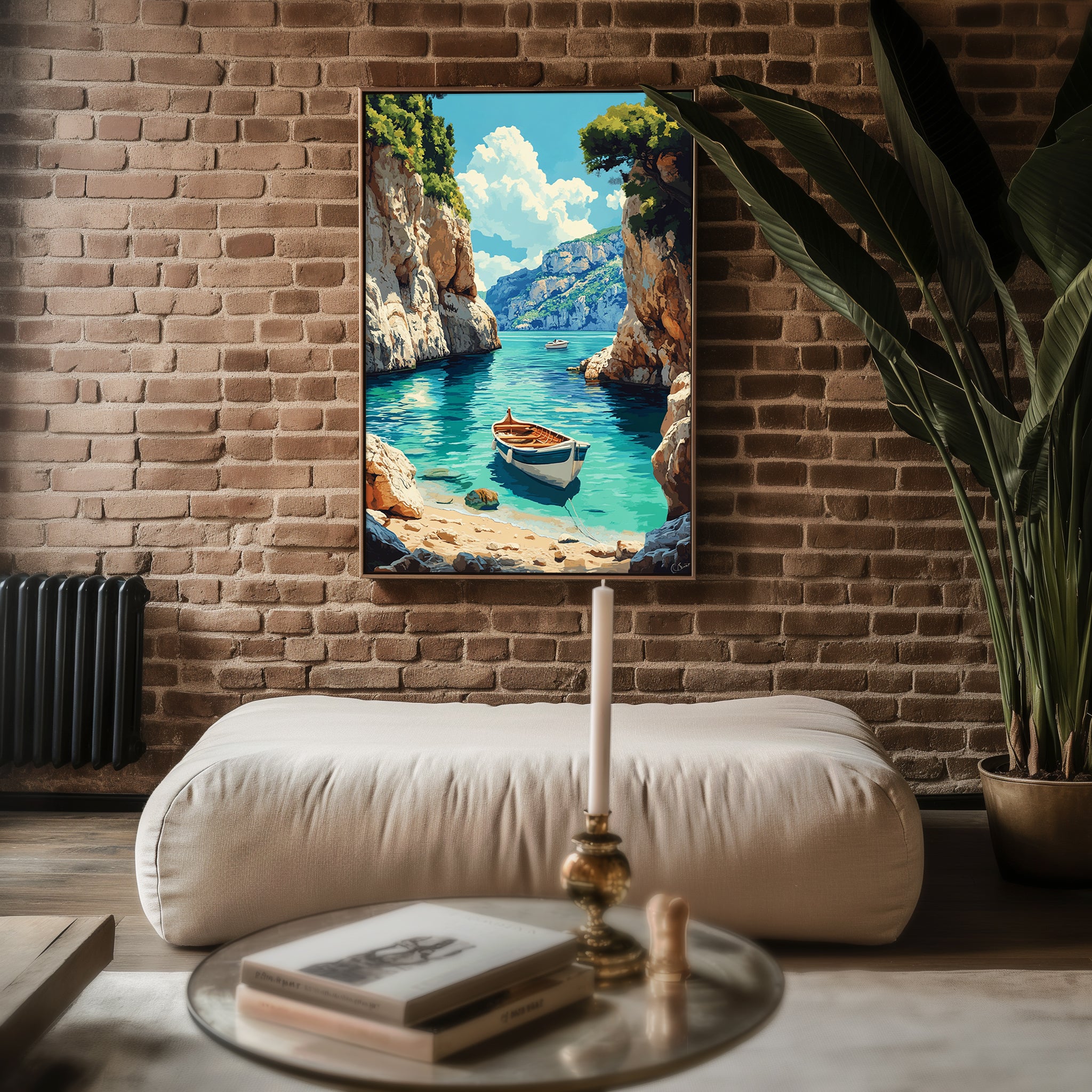Mediterranean Cove with Boats – Coastal Escape Print - Just Great Posters