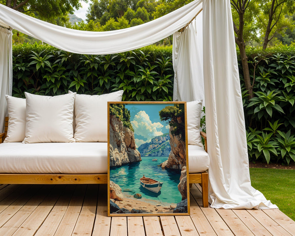 Mediterranean Cove with Boats – Coastal Escape Print - Just Great Posters