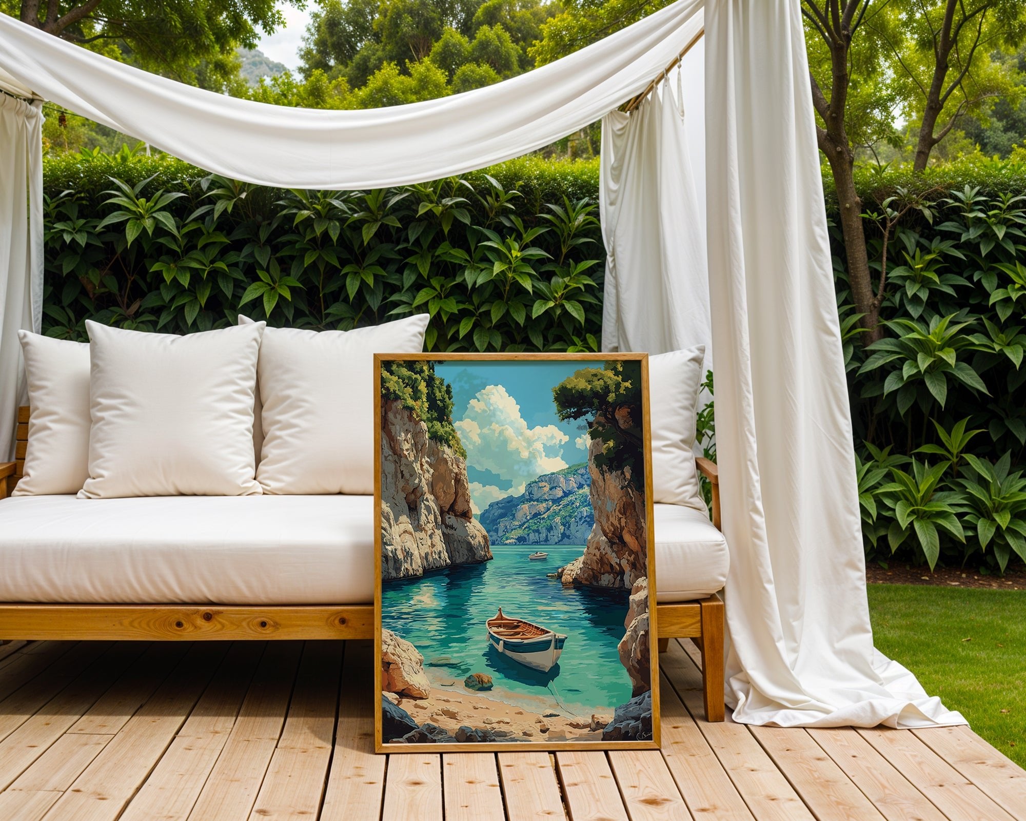 Mediterranean Cove with Boats – Coastal Escape Print - Just Great Posters