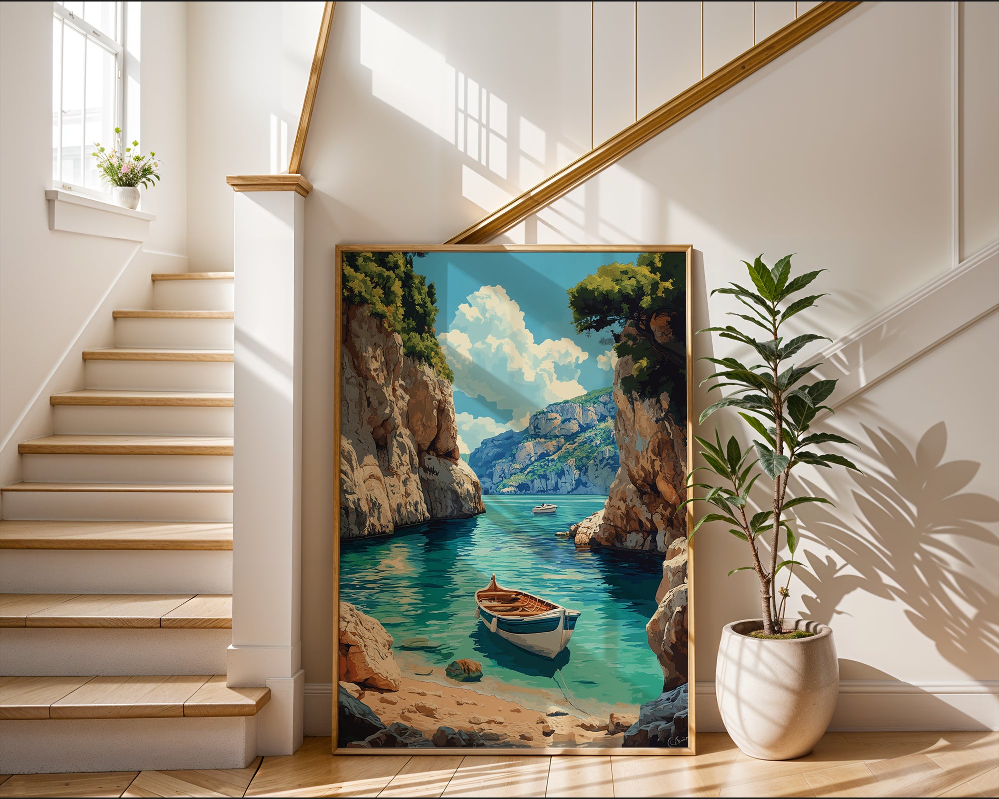 Mediterranean Cove with Boats – Coastal Escape Print - Just Great Posters