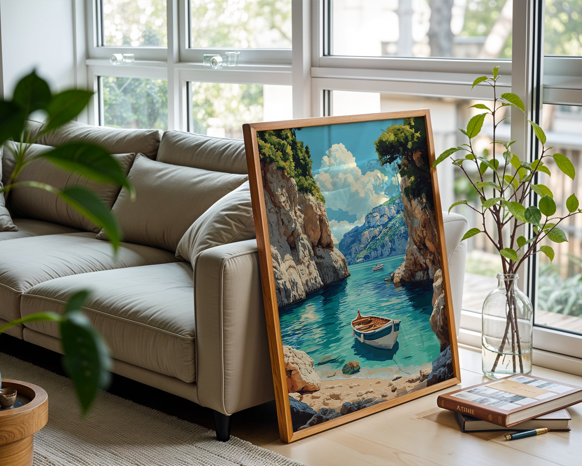 Mediterranean Cove with Boats – Coastal Escape Print - Just Great Posters