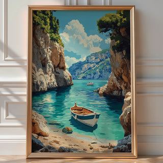 Mediterranean Cove with Boats – Coastal Escape Print - Just Great Posters