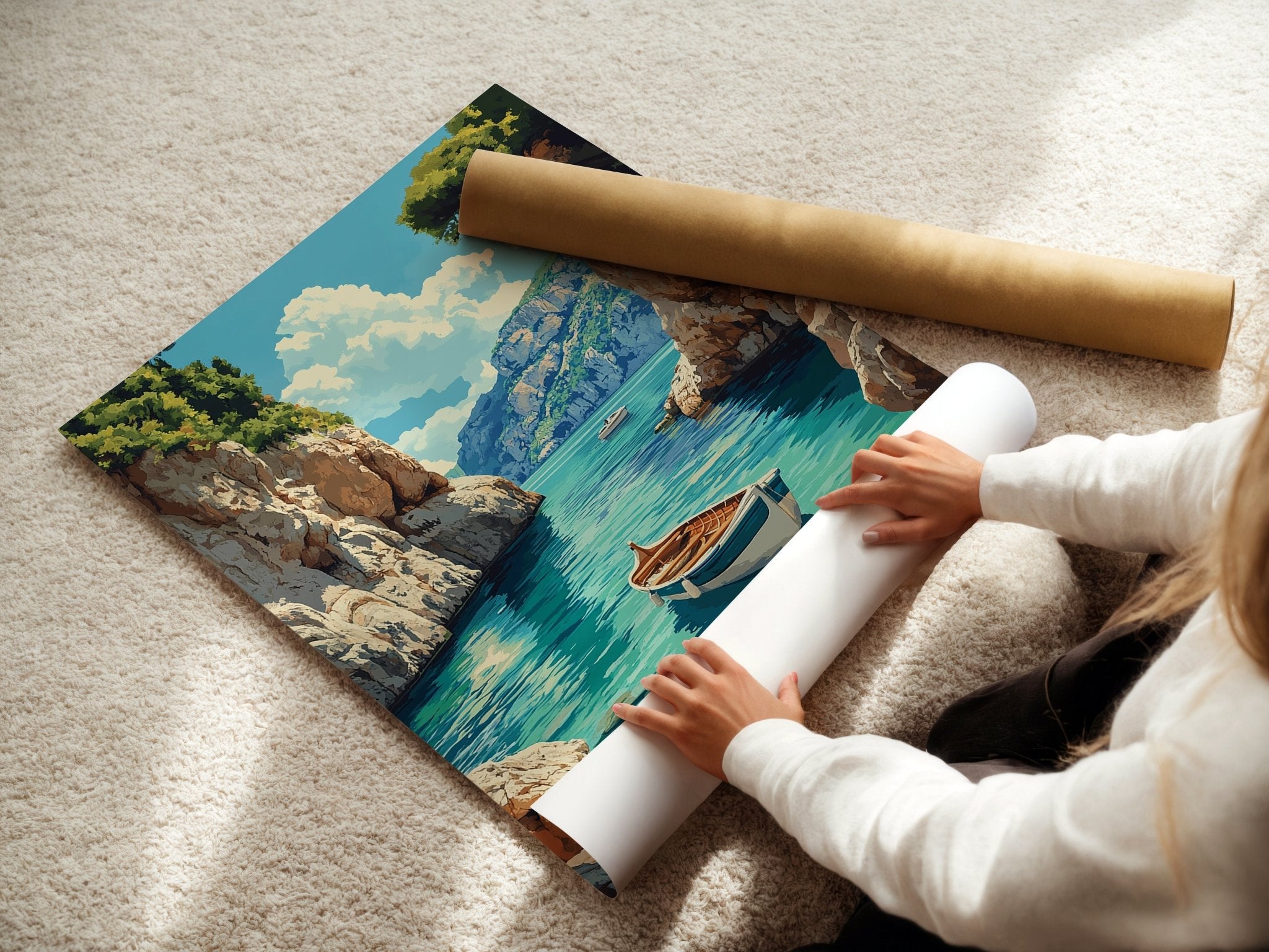 Mediterranean Cove with Boats – Coastal Escape Print - Just Great Posters