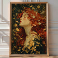 Autumn Muse Oil Painting Print – Romantic Fall Woman Wall Art with Red Hair & Leaves - Just Great Posters