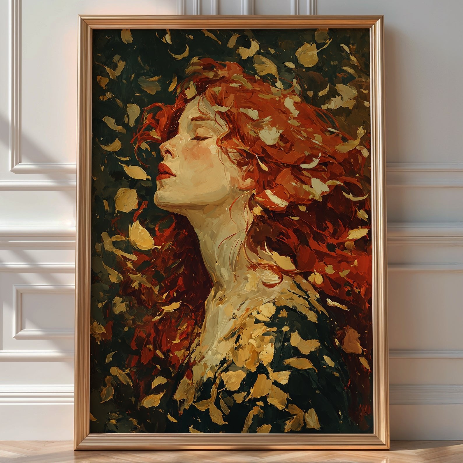 Autumn Muse Oil Painting Print – Romantic Fall Woman Wall Art with Red Hair & Leaves - Just Great Posters
