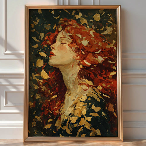 Autumn Muse Oil Painting Print – Romantic Fall Woman Wall Art with Red Hair & Leaves - Just Great Posters