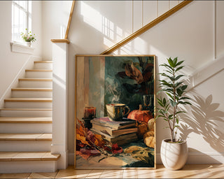 Autumn Reading Nook Poster – Cozy Books & Pumpkin Still Life - Just Great Posters