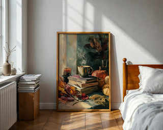 Autumn Reading Nook Poster – Cozy Books & Pumpkin Still Life - Just Great Posters