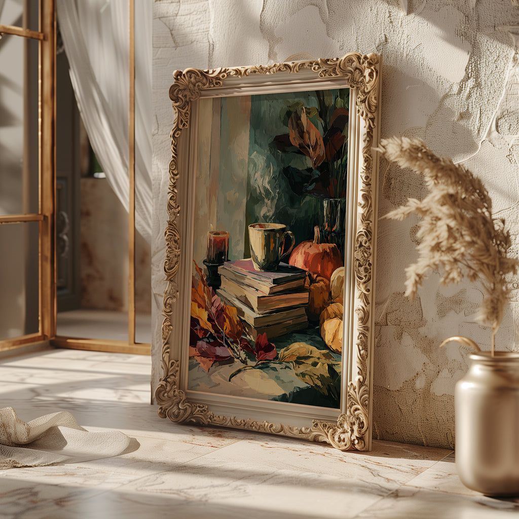 Autumn Reading Nook Poster – Cozy Books & Pumpkin Still Life - Just Great Posters