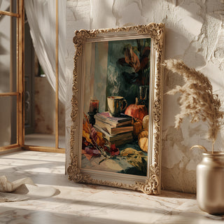 Autumn Reading Nook Poster – Cozy Books & Pumpkin Still Life - Just Great Posters