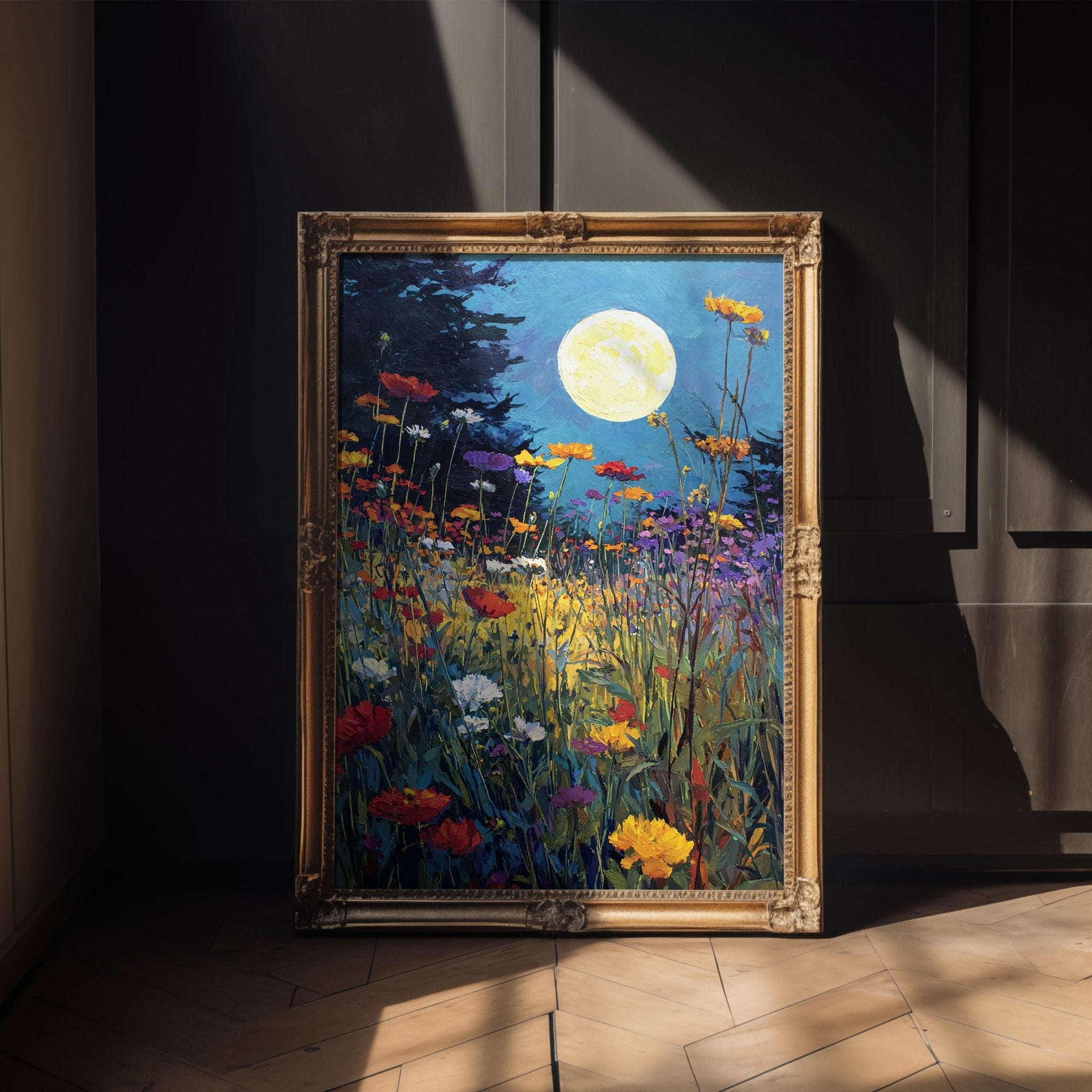 Moonlight Over Wildflowers – Dreamy Night Meadow Wall Art Print - Just Great Posters