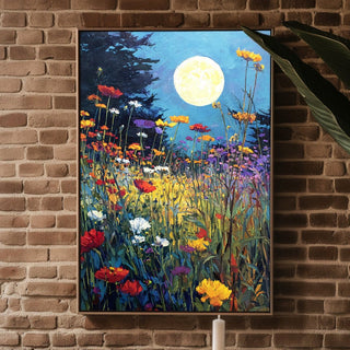 Moonlight Over Wildflowers – Dreamy Night Meadow Wall Art Print - Just Great Posters