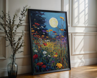 Moonlight Over Wildflowers – Dreamy Night Meadow Wall Art Print - Just Great Posters