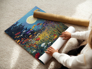 Moonlight Over Wildflowers – Dreamy Night Meadow Wall Art Print - Just Great Posters