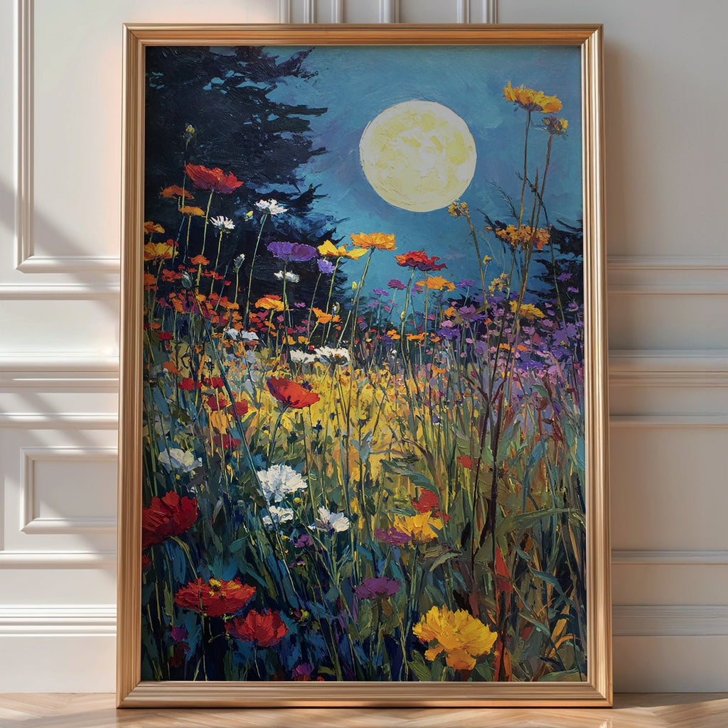 Moonlight Over Wildflowers – Dreamy Night Meadow Wall Art Print - Just Great Posters
