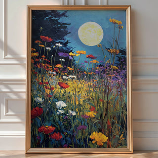Moonlight Over Wildflowers – Dreamy Night Meadow Wall Art Print - Just Great Posters