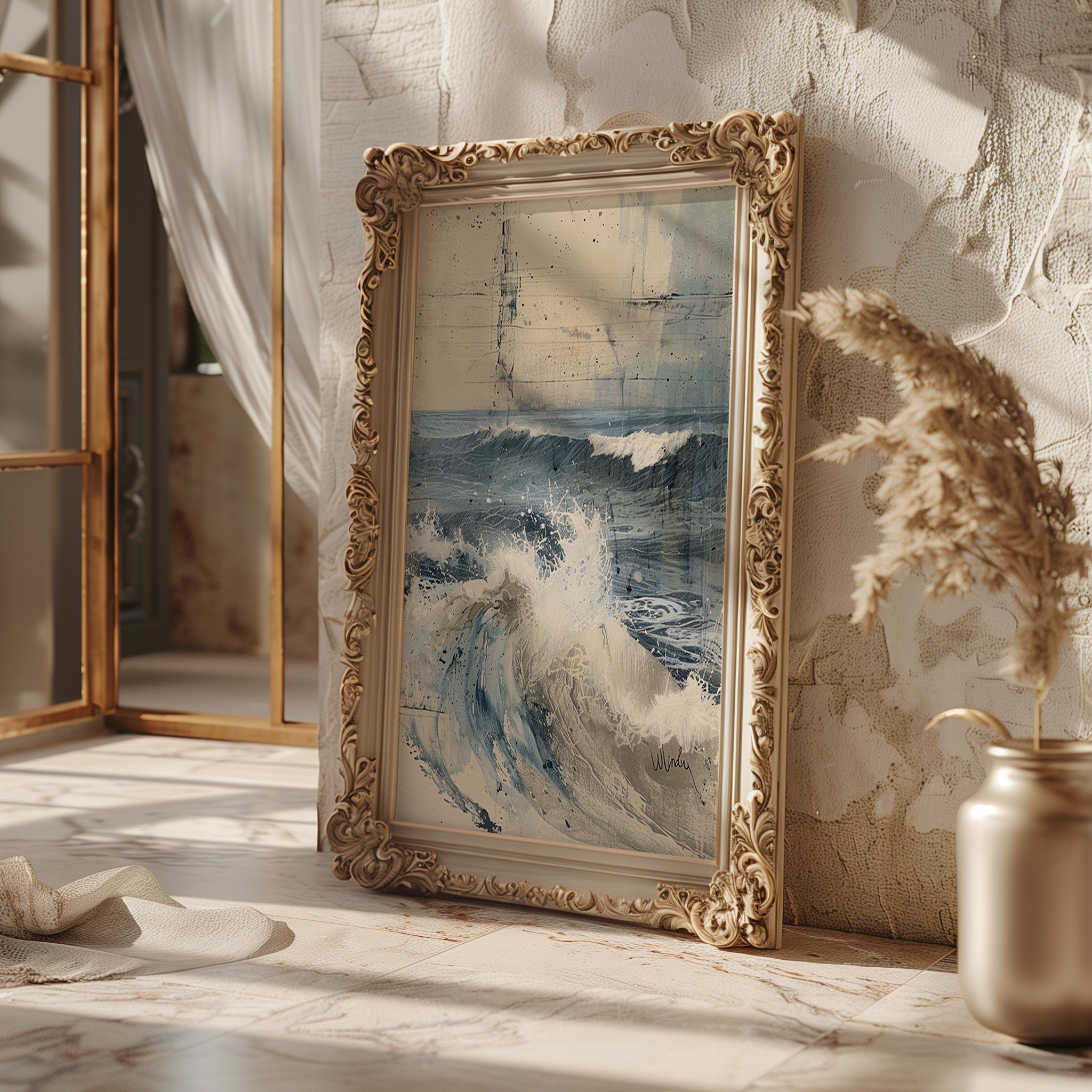 Ocean Wave Art Print – Abstract Coastal Wall Decor in Blue & Beige - Just Great Posters