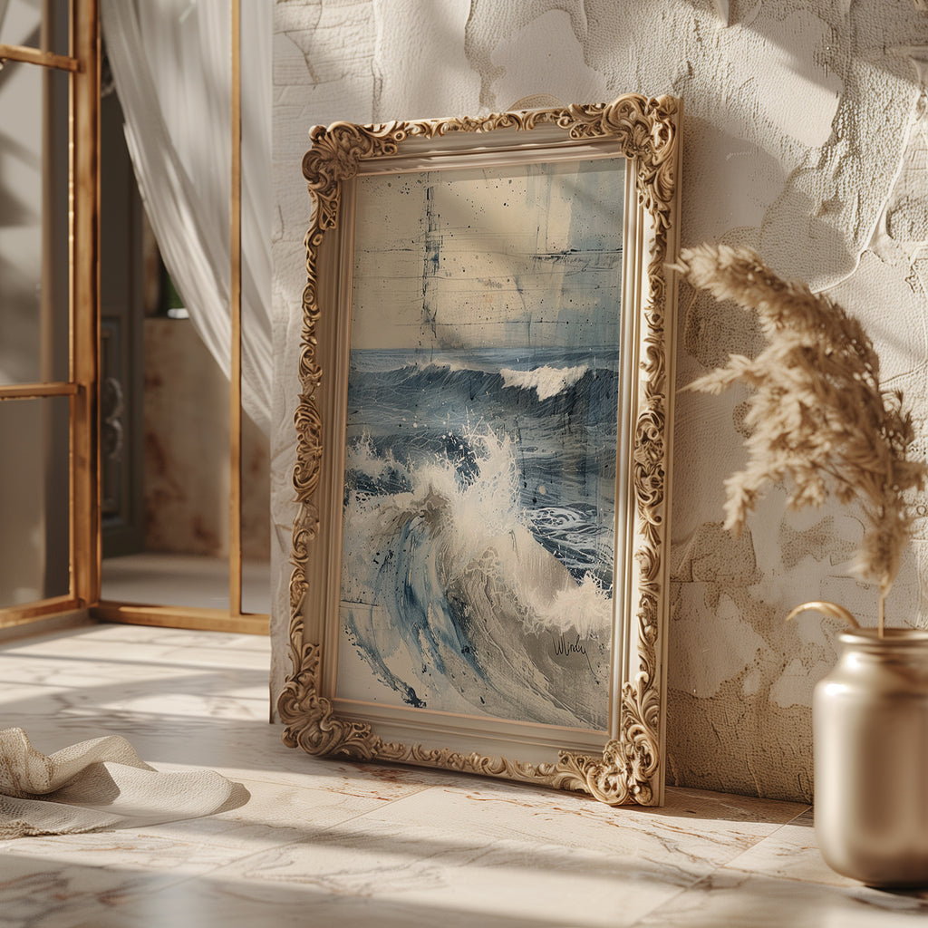 Ocean Wave Art Print – Abstract Coastal Wall Decor in Blue & Beige - Just Great Posters