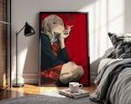 Smoking Anime Girl – Bold Red Background Manga‑Style Art Print - Just Great Posters