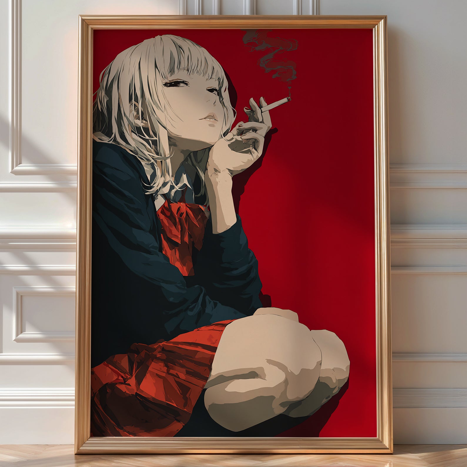 Smoking Anime Girl – Bold Red Background Manga‑Style Art Print