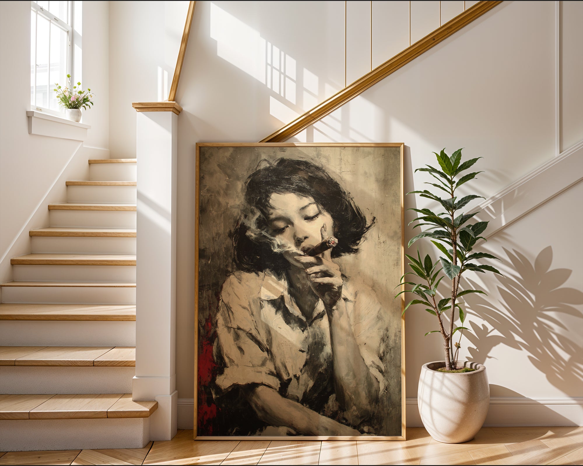 Girl with Cigar Poster Print - Moody Monochrome Portrait Art Print - Just Great Posters