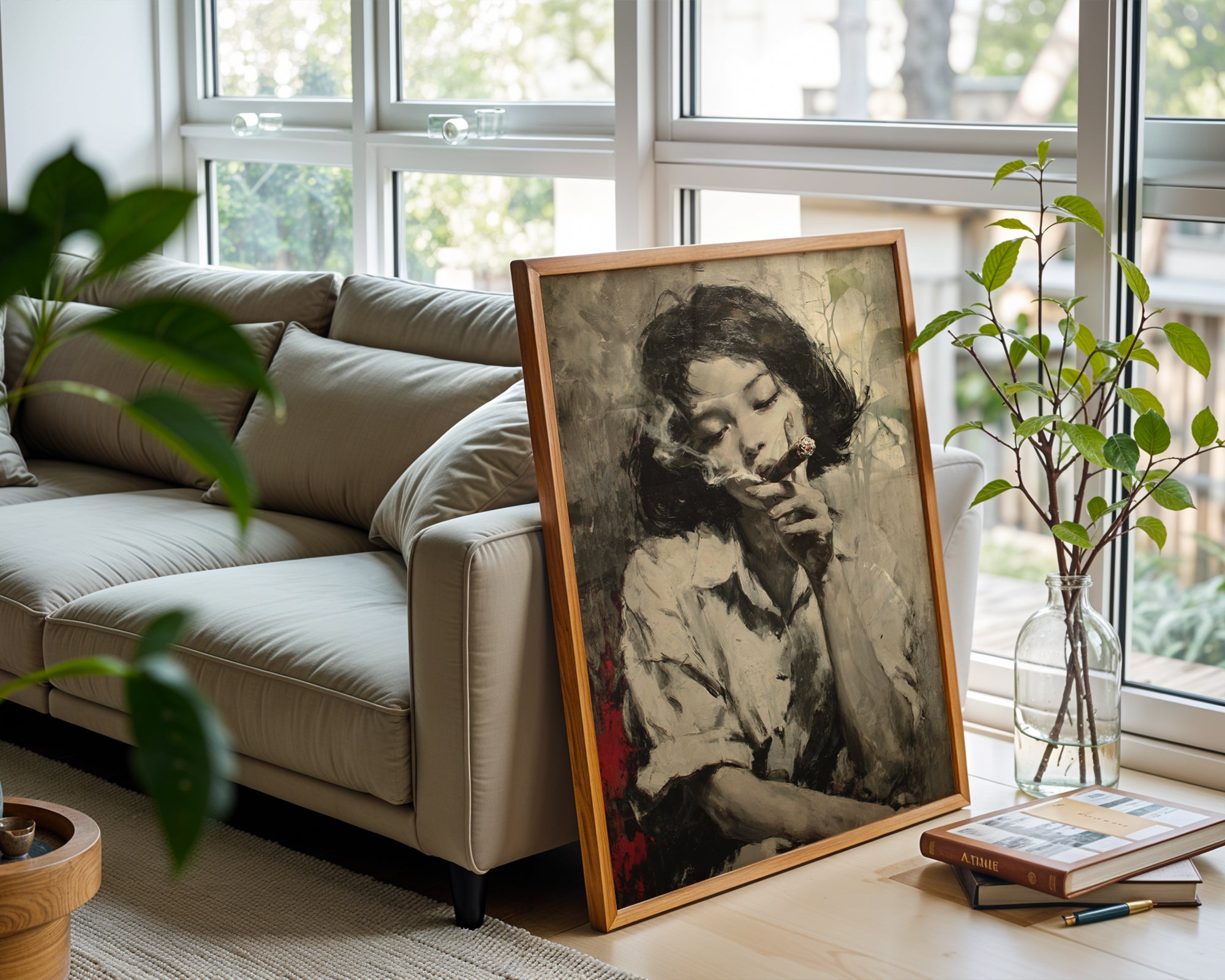 Girl with Cigar Poster Print - Moody Monochrome Portrait Art Print - Just Great Posters